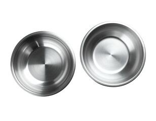 Two round stainless steel bowls, top view, reflective surfaces