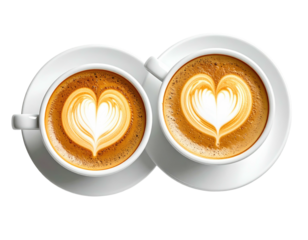 Two cups of latte art with heart shapes