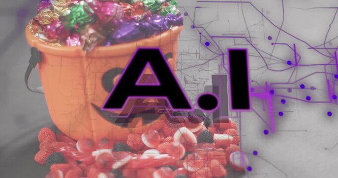 After one-second, pumpkin bucket receiving blueprint while network animates AI showing integration