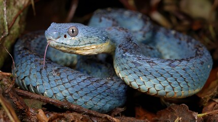 Fototapeta premium Tropical viper curled within shadows of blue jungle, tongue out