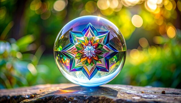 Abstract crystal mandala suspended in clear glass orb, prismatic facets refracting rainbow hues with precise angular designs, floating in serene void, photographed realistically in sharp focus as if b