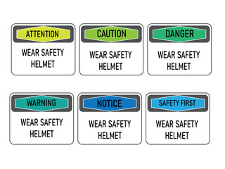 wear safety helmet banner, wear safety helmet sign, logo, badge, icon, sticker, label, emblem, stamp, symbol, black, line, flat vector, isolated illustration.