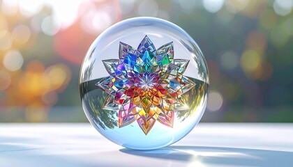 Abstract crystal mandala suspended in clear glass orb, prismatic facets refracting rainbow hues with precise angular designs, floating in serene void, photographed realistically in sharp focus as if b