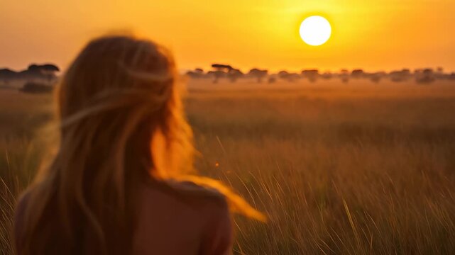 Sunrise over the Tsavo East Savannah illuminating the landscape and a silhouette in tranquility, A sunrise in the Tsavo East Savannah
