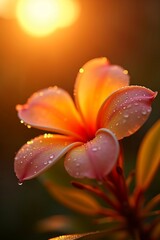 A beautiful macro shot of a pink and orange plumeria flower covered in morning dew, backlit by the warm golden light of the rising sun.
