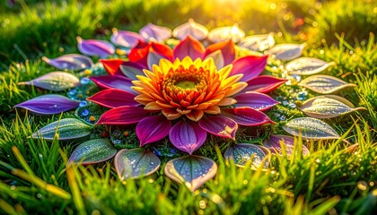 Vibrant floral mandala arranged from fresh colorful petals on dew-kissed grass, radial symmetry with organic curves and textured blooms, early morning light casting subtle shadows, realistic macro sho