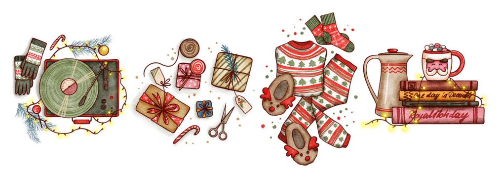 Christmas activities clip art. Christmas bucket list ilustrations. Hand drawn Christmas clip art. Christmas check list.