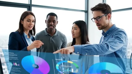 Diverse team of professionals collaborating and analyzing data on a futuristic holographic interface in a modern office setting, discussing business strategy
