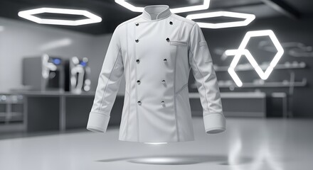 White Chef Jacket in Modern Kitchen with Geometric Lighting and Industrial Design