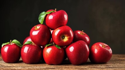 A pyramid of fresh red apples with green leaves on a wooden table. The background is dark, highlighting the vibrant colors of the apples. - Powered by Adobe