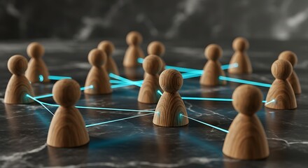 Obraz premium Connected Wooden Figures on Marble, Glowing Blue Links Network