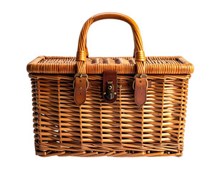 Rectangular wicker picnic basket with leather straps and latch