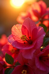 Close-up of vibrant pink flowers with dew drops, bathed in the warm glow of a setting sun, highlighting their delicate petals and yellow centers.