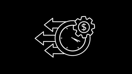 White line art clock with leftward arrows and dollar sign gear on black background Keywords: clock, time, direction, movement, progress, speed, efficiency, productivity, business, finance
