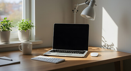 A clean, minimalistic home office setup with a laptop on a wooden desk, natural lighting from a window