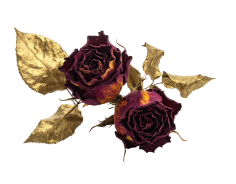 Two dried, dark reddish-purple roses, with gold-toned leaves, arranged aesthetically against a black background