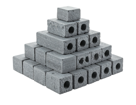 Gray miniature building blocks arranged in a pyramid shape