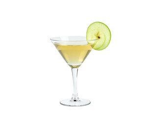 A light yellowish cocktail in a martini glass, garnished with an apple slice