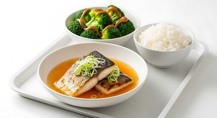 Elegant Studio Shot of Pan Seared Fish with Rice and Broccoli