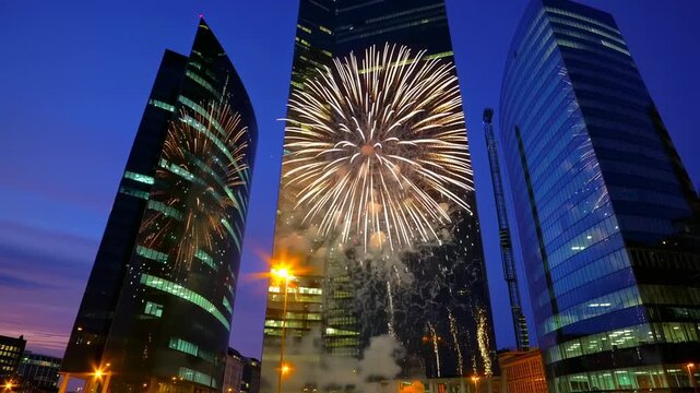 Fireworks display reflected on modern glass skyscrapers at twilight