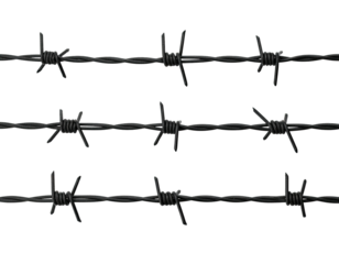 Three rows of dark barbed wire against a black background