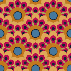 Seamless vector pattern. Bold abstract floral design in vibrant colors. Stylized petals and dots in retro-inspired arrangement. Vector Illustration.