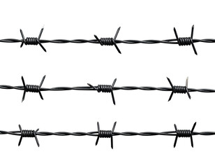 Close-up of three parallel rows of barbed wire against a black background.  Sharp points and twisted wire strands are clearly visible