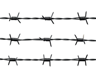 Close-up of three parallel rows of barbed wire against a black background.  Sharp points and twisted wire strands are clearly visible