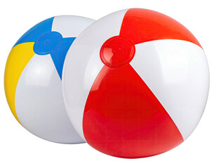 Two colorful beach balls, one blue and yellow, the other red and white,  close together against a black background