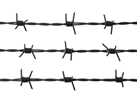 Three rows of dark barbed wire against a black background