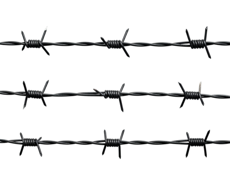 Close-up of three parallel rows of barbed wire against a black background.  Sharp points and twisted wire strands are clearly visible