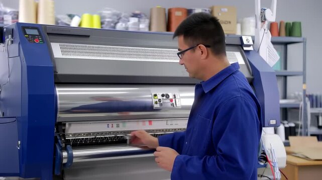 Technician working on a large industrial textile machine