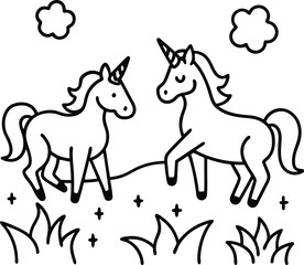 cute unicorns enchanted meadow playing illustration on transparent