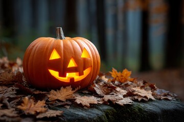 Illuminated jackolantern nestled among autumn leaves in a forest setting