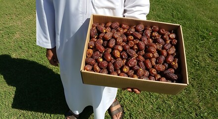 Fresh Ripe Date Palm Fruits Harvested in a Cardboard Container