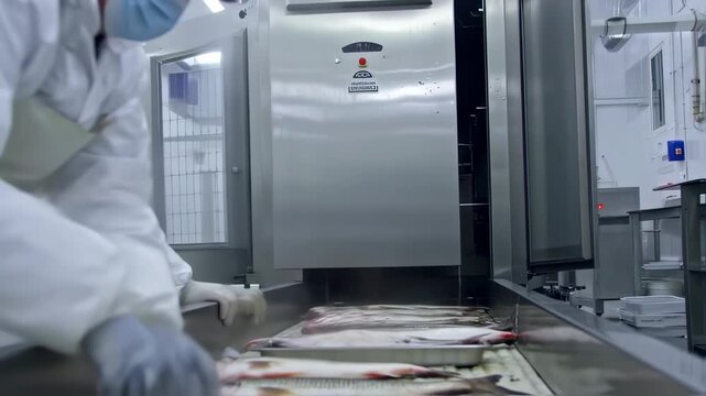 Food processing facility worker in protective gear handling fish on a stainless steel conveyor