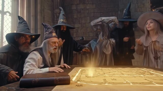Witches and wizards gathered around a magical map