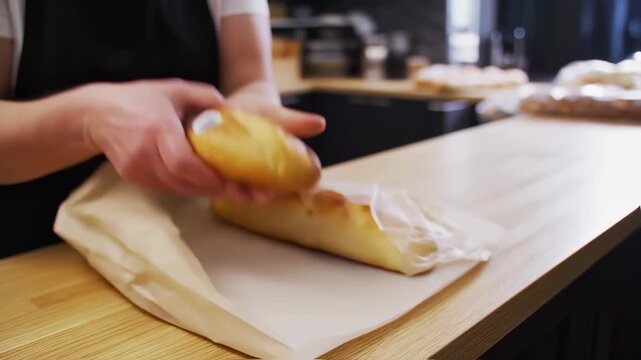 Person wrapping bread in paper