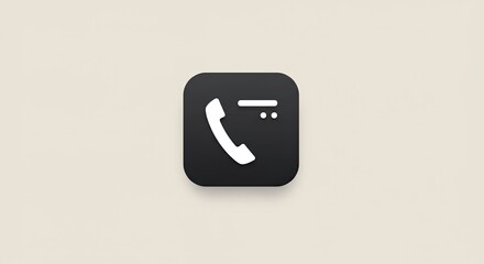 A minimalist black square icon featuring a white outline of a classic telephone handset with a small horizontal line to its right, set against a neutral, light beige background.