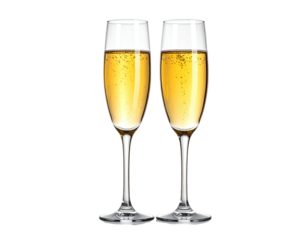 Two champagne flutes filled with bubbly golden liquid