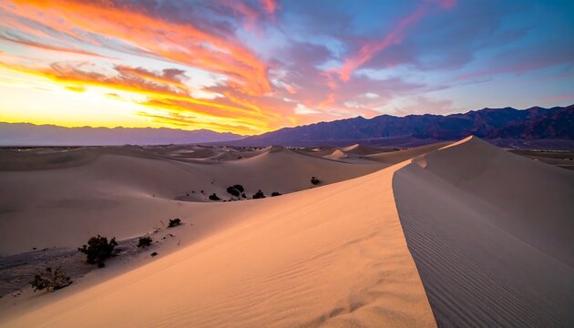 Dramatic sunset over desert dunes