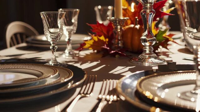 Warm autumn table setting with candles and seasonal decor enhancing elegant dining ambiance - Powered by Adobe