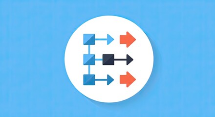 Abstract illustration of a flowchart with blue squares and orange arrows on a light blue background.