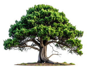 Lush green conifer tree with gnarled trunk against black background