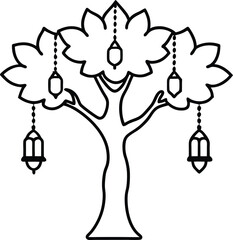 detailed tree with hanging lanterns illustration on transparent background