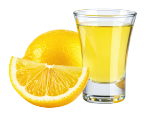 A shot glass of yellow liquid next to a whole and sliced lemon