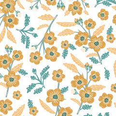 Seamless vector pattern with hand drawn groovy vintage flowers. Perfect for textile, wallpaper or print design. 
