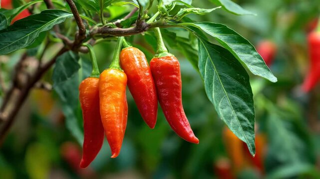 Bright red and orange chili peppers hang from healthy green plants in a flourishing garden. Nature showcases rich colors and bountiful growth during the warm summer season