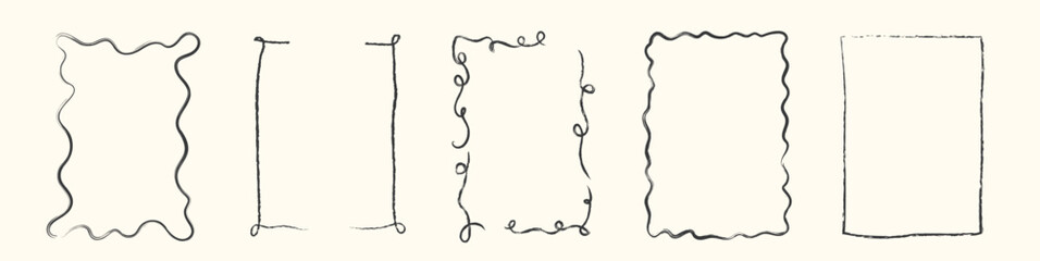 Hand drawn whimsical wavy frames. Decorative borders with curly sketch lines. Concept of vintage ornament design for wedding invitation, holiday card, poster, trendy party style. Vector illustration. © millering