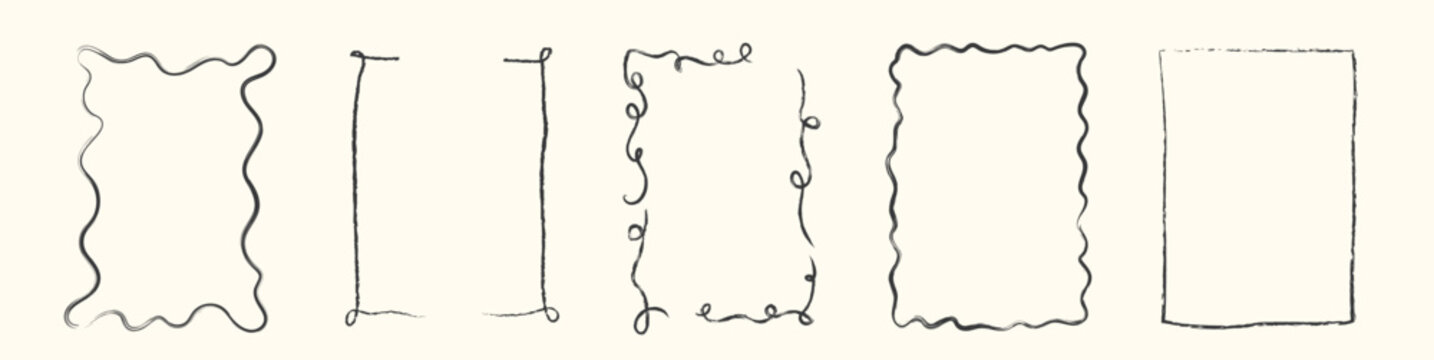 Hand drawn whimsical wavy frames. Decorative borders with curly sketch lines. Concept of vintage ornament design for wedding invitation, holiday card, poster, trendy party style. Vector illustration.
